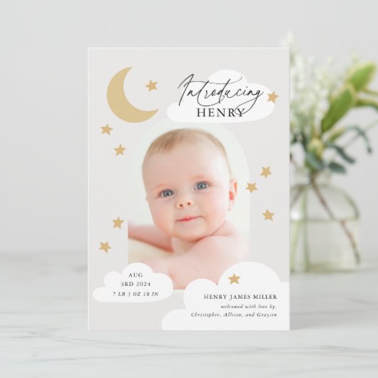 Moon Stars Clouds Arch Foto Neutral Gray Birth Aankondiging (Staand voorkant)
