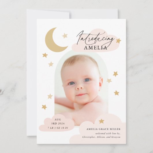 Moon Stars Clouds Arch Foto Roze Blush Birth Aankondiging (Voorkant)