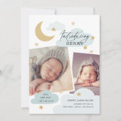 Moon Stars Clouds Collage Foto Baby Blue Birth Aankondiging (Voorkant)