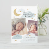 Moon Stars Clouds Collage Foto Baby Blue Birth Aankondiging (Staand voorkant)