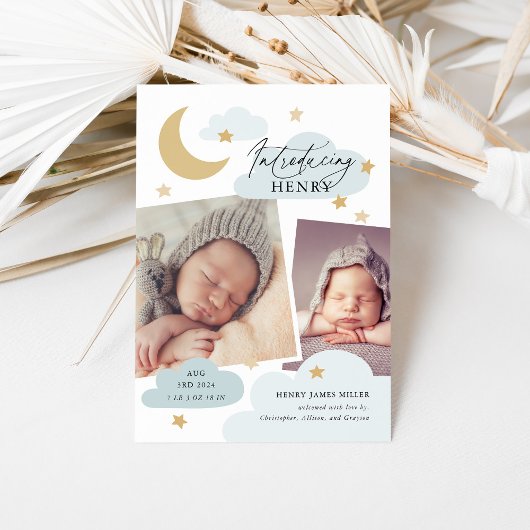 Moon Stars Clouds Collage Foto Baby Blue Birth Aankondiging