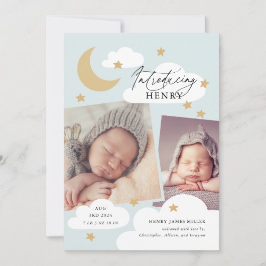 Moon Stars Clouds Collage Foto Baby Blue Birth Aankondiging (Voorkant)