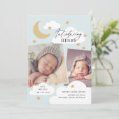 Moon Stars Clouds Collage Foto Baby Blue Birth Aankondiging (Staand voorkant)