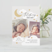 Moon Stars Clouds Collage Foto Neutral Gray Birth Aankondiging (Staand voorkant)