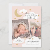 Moon Stars Clouds Collage Foto Roze Birth Aankondiging (Voorkant)
