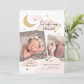 Moon Stars Clouds Collage Foto Roze Birth Aankondiging (Staand voorkant)