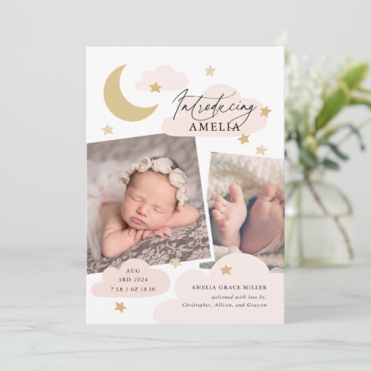 Moon Stars Clouds Collage Foto Roze Birth Aankondiging (Staand voorkant)