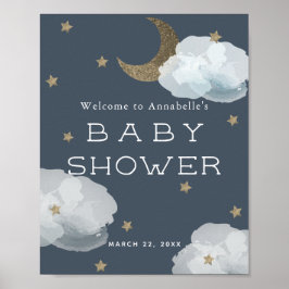 Moon Stars & Clouds Navy Blue Baby shower Welkom Poster