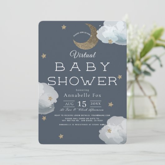 Moon, Stars & Clouds Navy Virtual Baby shower Kaart (Staand voorkant)