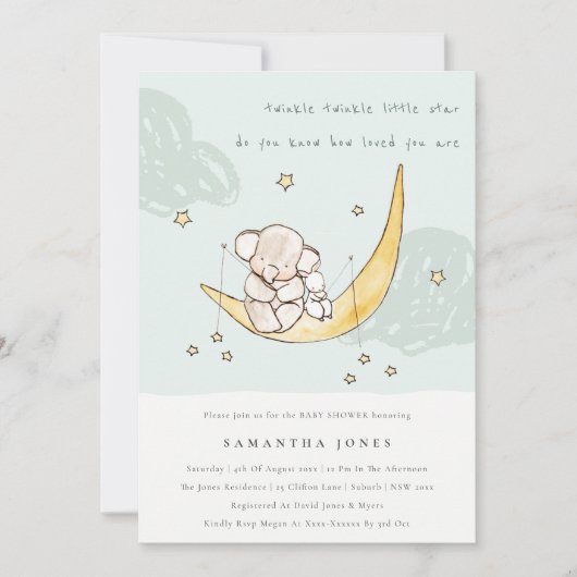 Moon & Stars Elephant Bunny Boy Baby shower Invite Bedankkaart (Voorkant)