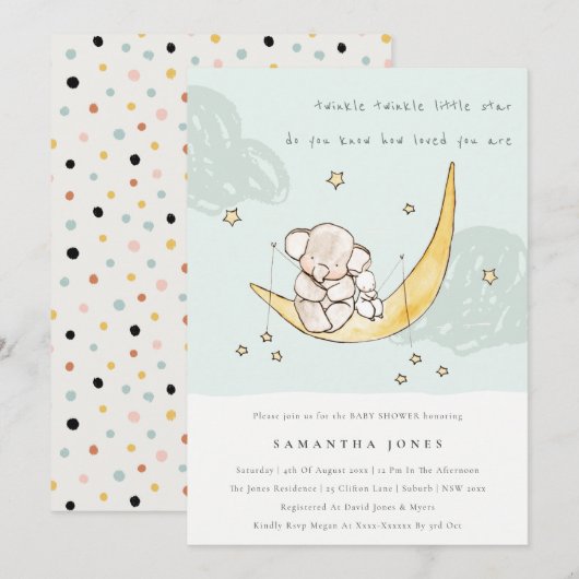 Moon & Stars Elephant Bunny Boy Baby shower Invite Bedankkaart (Voorkant / Achterkant)