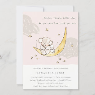 Moon Stars Elephant Bunny Girl Baby shower Invite Bedankkaart