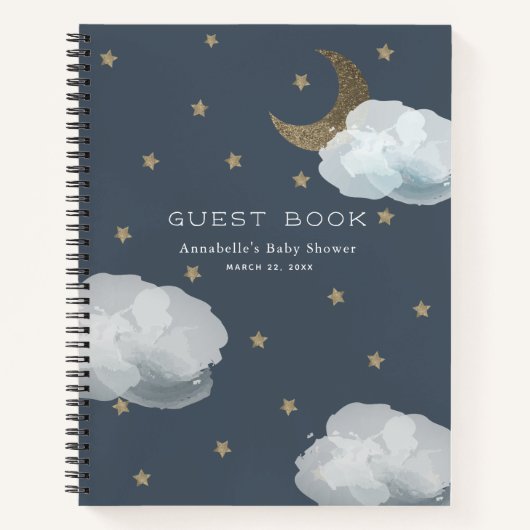Moon, Stars en Clouds Navy Baby shower Guest Book Notitieboek (Voorkant)