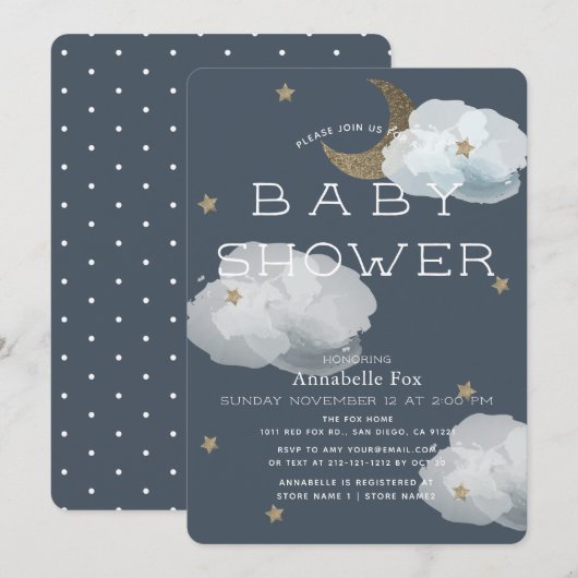 Moon, Stars en Clouds Navy Baby shower Invitation Kaart (Voorkant / Achterkant)