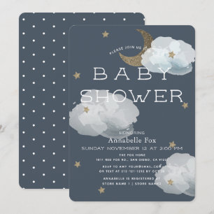 Moon, Stars en Clouds Navy Baby shower Invitation Kaart