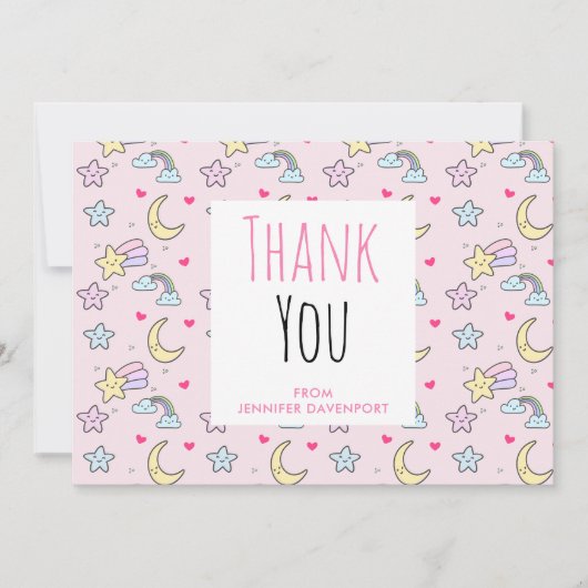 Moon, Stars en Clouds Patroon op Roze Hartelijk da Bedankkaart (Voorkant)