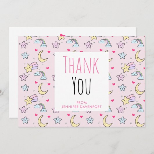Moon, Stars en Clouds Patroon op Roze Hartelijk da Bedankkaart (Voorkant / Achterkant)