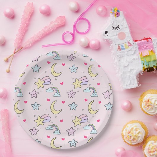 Moon, Stars en Clouds Patroon op Roze Papieren Bordje (Feest)