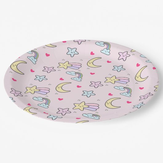 Moon, Stars en Clouds Patroon op Roze Papieren Bordje (Gekanteld)