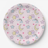 Moon, Stars en Clouds Patroon op Roze Papieren Bordje (Voorkant)