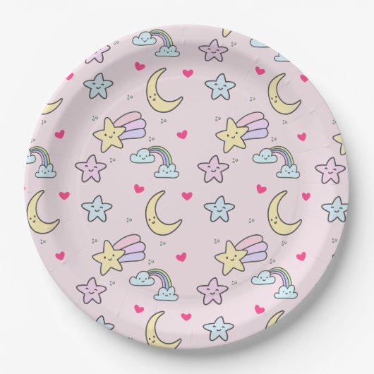 Moon, Stars en Clouds Patroon op Roze Papieren Bordje (Voorkant)