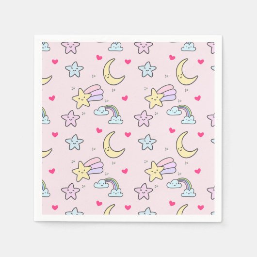 Moon, Stars en Clouds Patroon op Roze Servet (Voorkant)