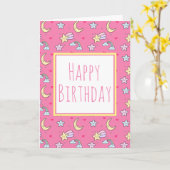 Moon, Stars en Clouds Patroon op Roze verjaardag Kaart (Gele Bloem)
