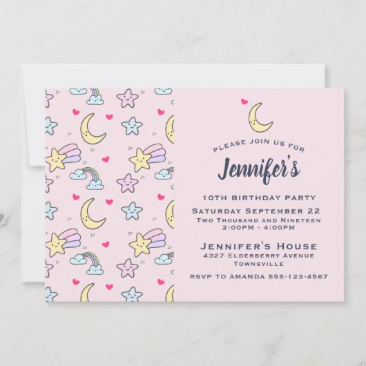 Moon, Stars en Clouds Patroon op Roze verjaardag Kaart (Voorkant)