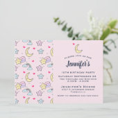 Moon, Stars en Clouds Patroon op Roze verjaardag Kaart (Staand voorkant)