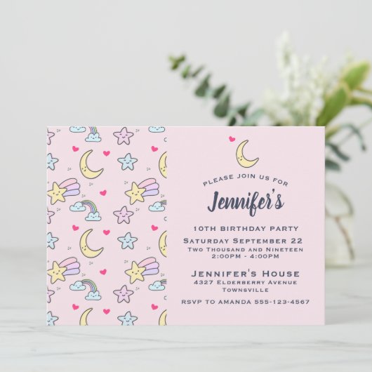 Moon, Stars en Clouds Patroon op Roze verjaardag Kaart (Staand voorkant)