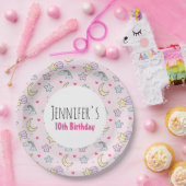 Moon, Stars en Clouds Patroon op Roze verjaardag Papieren Bordje (Feest)