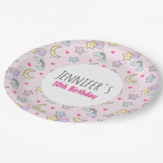 Moon, Stars en Clouds Patroon op Roze verjaardag Papieren Bordje (Gekanteld)