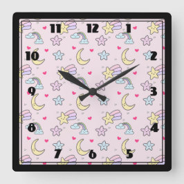 Moon, Stars en Clouds Patroon op Roze Vierkante Klok