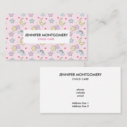 Moon, Stars en Clouds Patroon op Roze Visitekaartje (Voorkant / Achterkant)