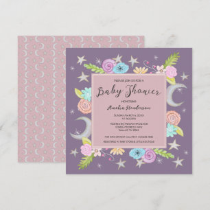 Moon Stars Floral Whimsical Lavendel Baby shower Kaart