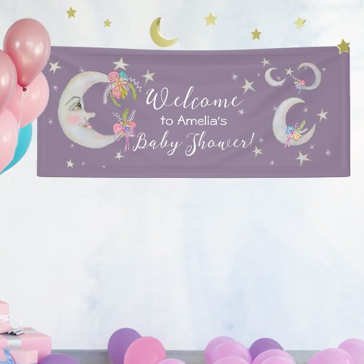 Moon Stars Flowers Lavendel Baby shower Welkom Spandoek