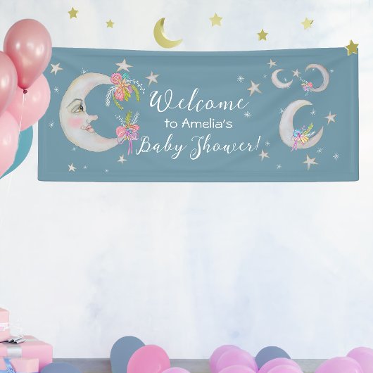Moon Stars Flowers Teal Blue Baby Shower Welcome Spandoek