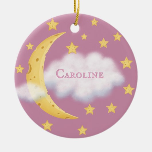Moon Stars & Fluffy Cloud Roos Baby Keepslag Keramisch Ornament (Voorkant)