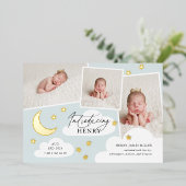 Moon & Stars Foto Collage Blue Birth Aankondiging (Staand Voorkant)