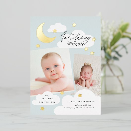 Moon Stars Foto Collage Blue Birth Aankondiging (Staand Voorkant)