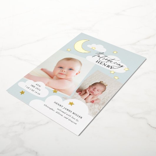 Moon Stars Foto Collage Blue Birth Aankondiging (Gedraaid)