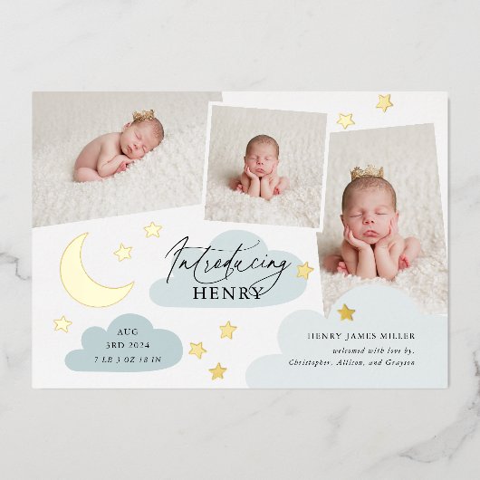 Moon & Stars Foto Collage Blue Birth Aankondiging (Voorkant)
