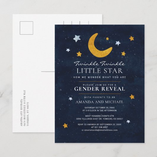 Moon Stars Gender onthult Couple Navy Blue Uitnodiging Briefkaart (Voorkant / Achterkant)