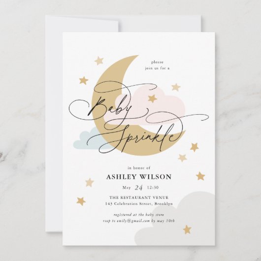Moon Stars Matte Pink Blue Script Baby Sprinkle Kaart (Voorkant)