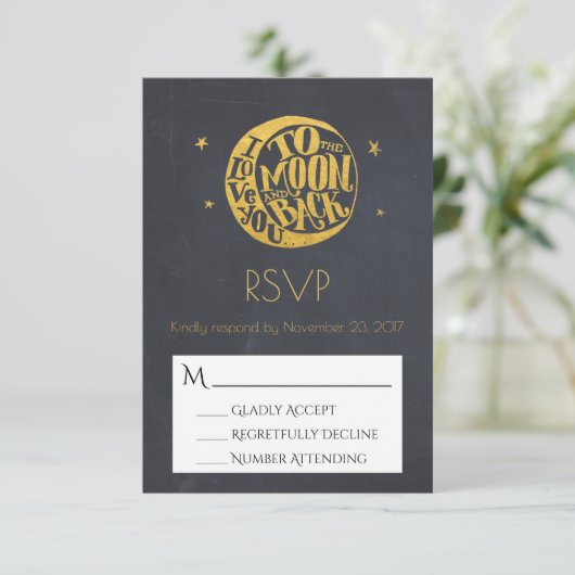 Moon & Stars Met Romantisch Gezegde Bruiloft RSVP Kaartje (Staand voorkant)