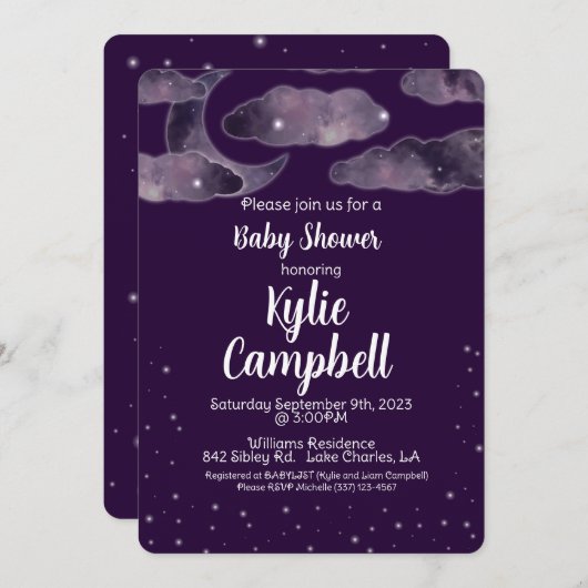 Moon, Stars, Night Sky Baby shower Invitation Kaart (Voorkant / Achterkant)