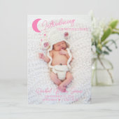 Moon & Stars Roze Foto geboorteaankondiging Kaart (Staand voorkant)
