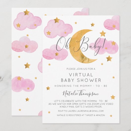 Moon & Stars Roze Virtual Baby shower Inv Kaart (Voorkant / Achterkant)