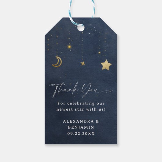 Moon Stars Starry Night Navy Blue Gold Baby Shower Cadeaulabel (Achterkant)
