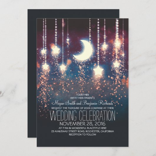 Moon Stars & String Lights Zomerbruiloft Kaart (Voorkant / Achterkant)
